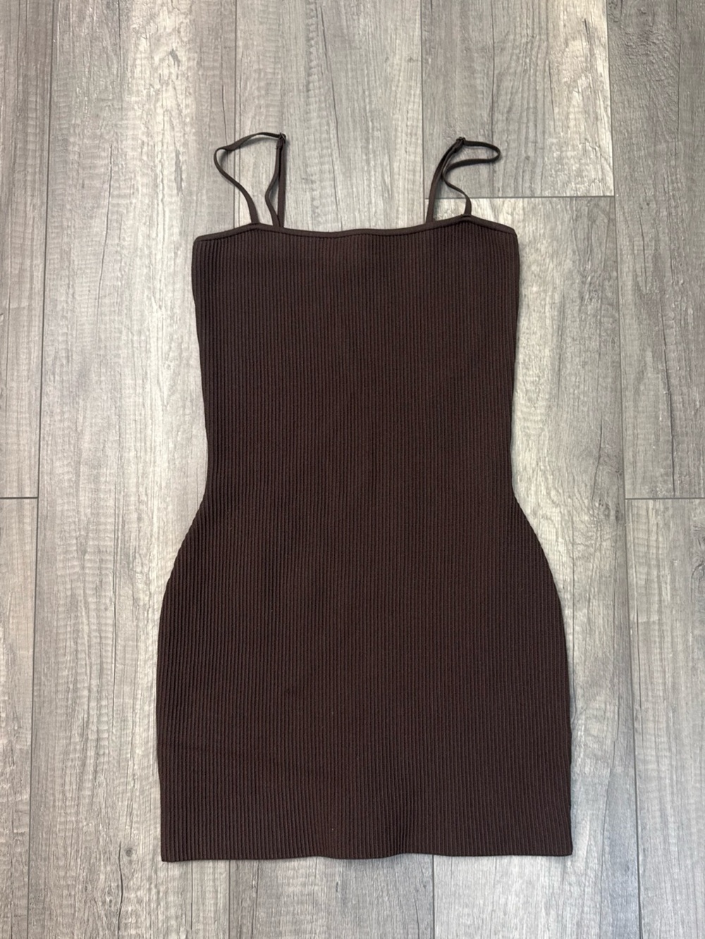 Babaton Brown Ribbed Spaghetti-Strap Mini Dress